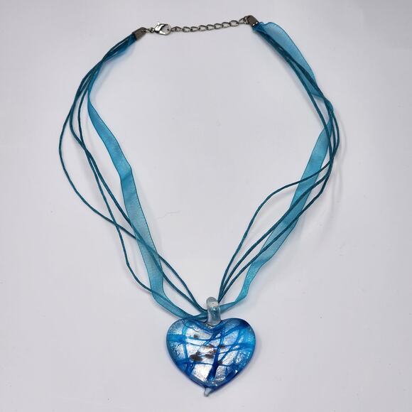 Handmade Blown Glass Blue Heart Necklace - Picture 1 of 12